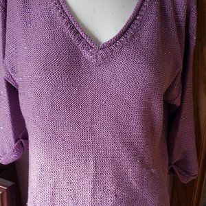 New DKNY women's top sweater size M 3/4 sleeves sparkles purple v neck